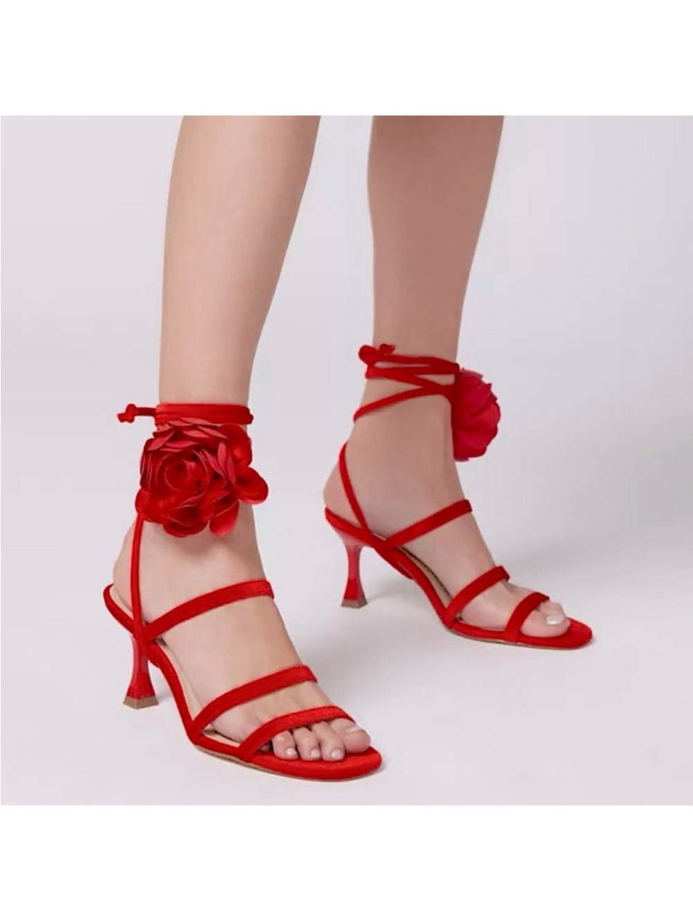 Red Floral Ankle-Tie Strappy Heels